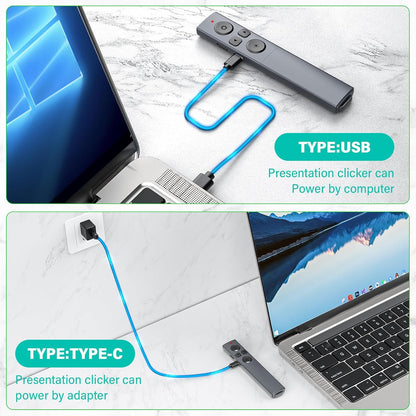 2 in 1 USB Type C Presentation Clicker with Green Light Pointer, Rechargeable Presentation Clicker Wireless Presenter Remote Clicker, 2.4GHz Clicker for Powerpoint Presentations, Google Slide Advancer