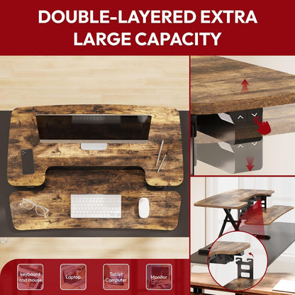 SANODESK Standing Desk Converter with Electric Motor 42" Height Adjustable Riser for Office Home,Dual Monitor and Laptop Workstation with Large Keyboard Tray,Rustic Color