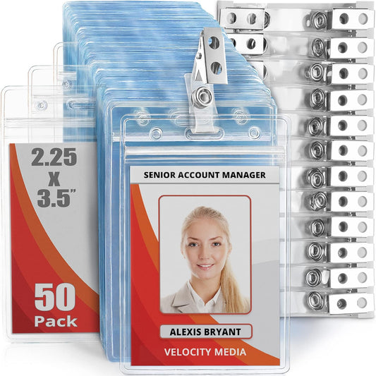 Mifflin-USA Vertical Plastic Card Holder with Metal Clip and Vinyl Straps (Clear, 2.25x3.5 Inch, 50 Pack), Waterproof PVC ID Name Badge Holder with Clip