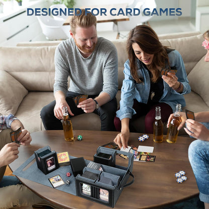 Trading Card Storage Box for MTG, card storage box with Commander Display，Multi-purpose Deck Case for MTG TCG Sports Card, 4 Toploaders, 4 Stoppers, 4 Colorful Dividers (Black & Grey)