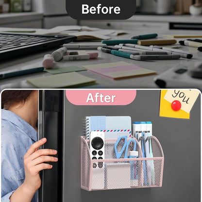 YINGHUA Strong Magnetic Pen Holder for Whiteboard and Refrigerator 3 Compartments Metal Mesh Organizer Space Saving Shelf for Office School Home and Locker - Pink