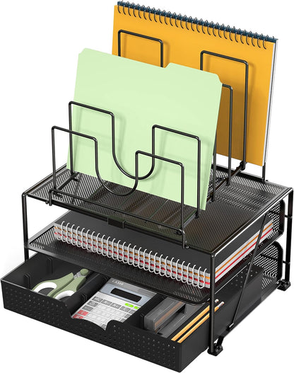 Deco Brothers Desktop File Organizer with Double Tray and 5 Folder Stand, Black