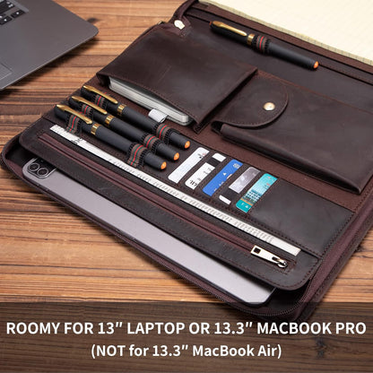 Genuine Leather Portfolio with Front Pocket for Men and Women, Zippered Padfolio Binder 8.5 x 11 Legal Pad Notebook Holder, Fits 13” Laptop, Professional Work File Case, Dark Brown