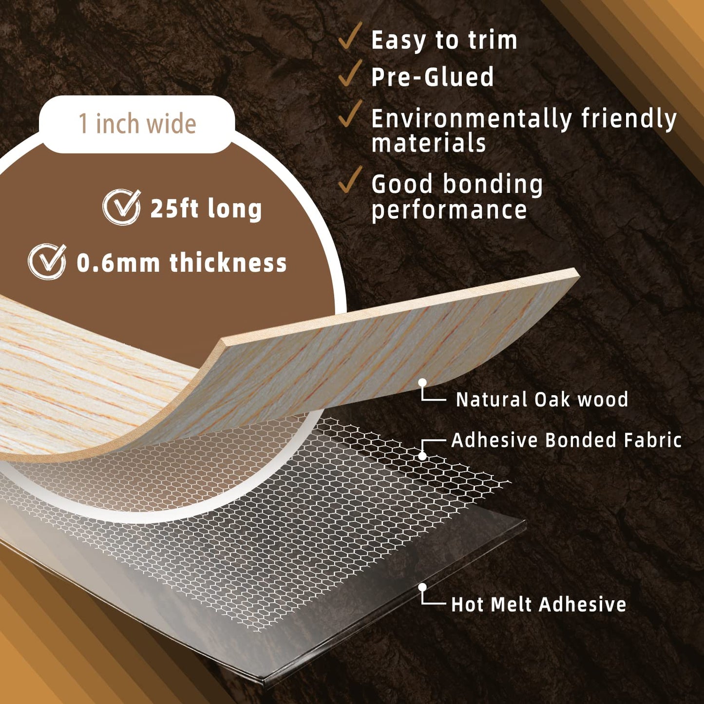 GSCIT Club Oak Edge Banding, 1 inch x 25ft roll of Veneer Edge Banding Preglued Flexible, Real Wood Tape Banding