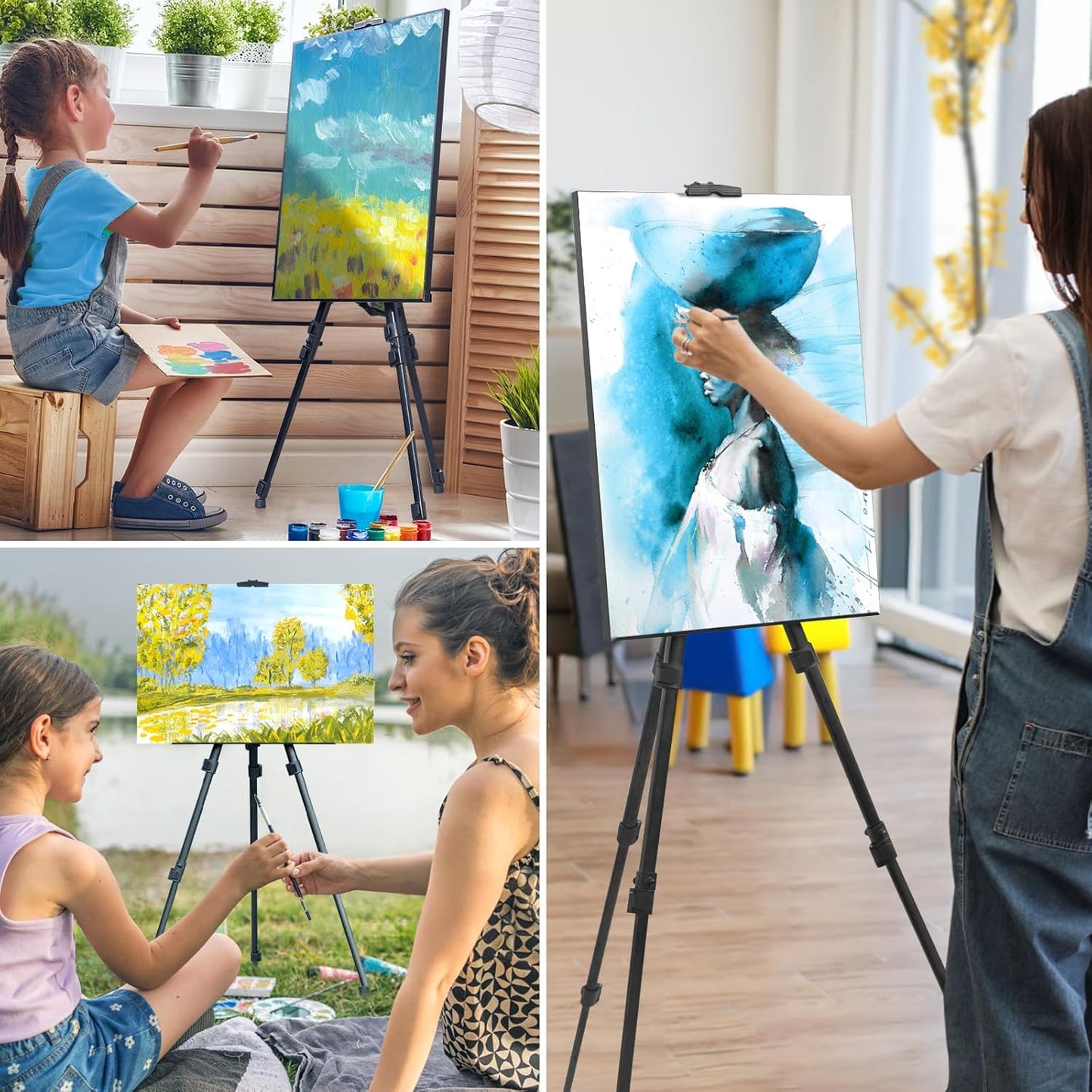 2PCS Art Painting Easel Stand, Adjustable Metal Large Easel for Painting, Canvas Heights from 17 to 66 Inch, Standing Easel for Painting, Wedding Sign, Tabletop or Floor, Black