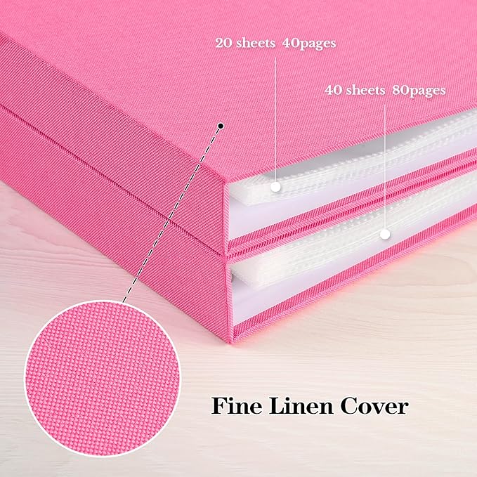 Mublalbum 10x10 Inch DIY Scrapbook Photo Album with 40 Plastic Sleeves 80 Pages Linen Cover 3 Ring Folder Binder for Wedding Baby Family and DIY Projects (Pink)
