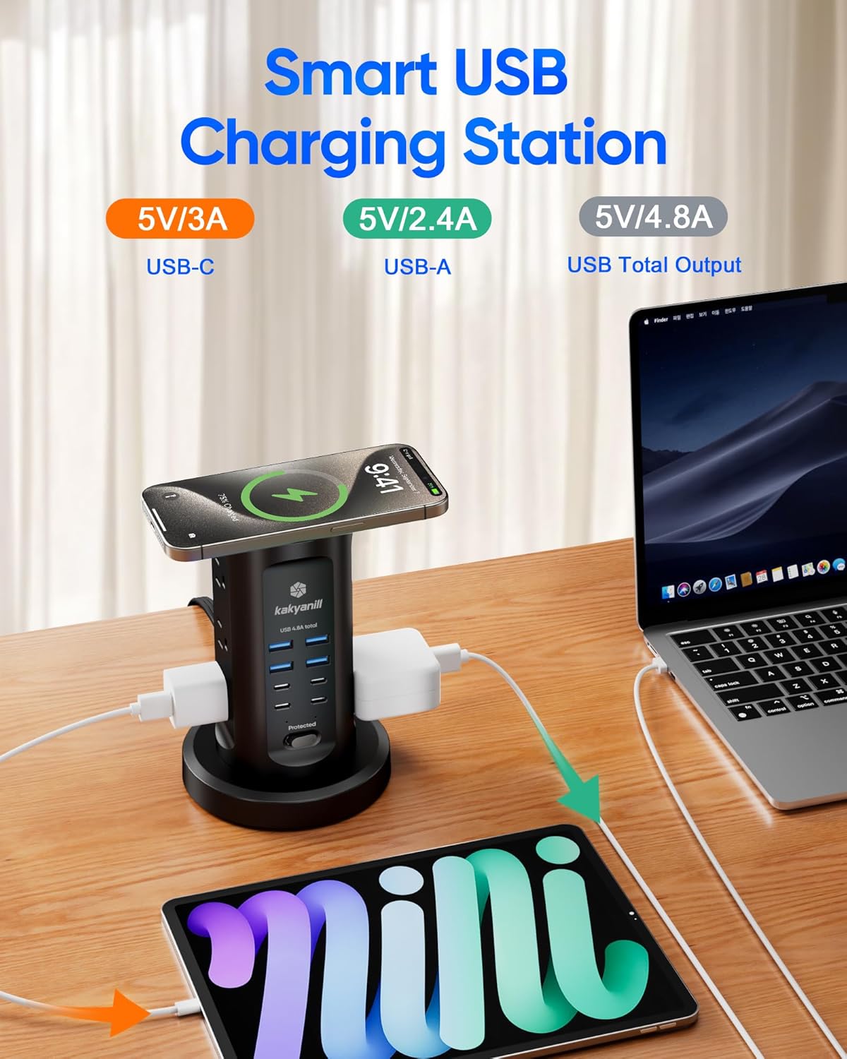 Power Strip Tower, kakyanill Surge Protector Tower 10 AC Outlets 8 USB (4 USB C), 6 Ft Retractable Extension Cord, Charging Station for Office Dorm Room, Black