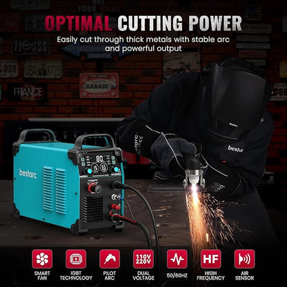 bestarc Plasma Cutter, [Pilot Arc] [Large LED Display] [Air Sensor] 80A bestarc Plasma Cutter Machine 110/220V Dual Voltage, 7/8 Inch Clean Cut 1.38 Inch Max Cut, Post Flow 2T/4T for Beginners DIY