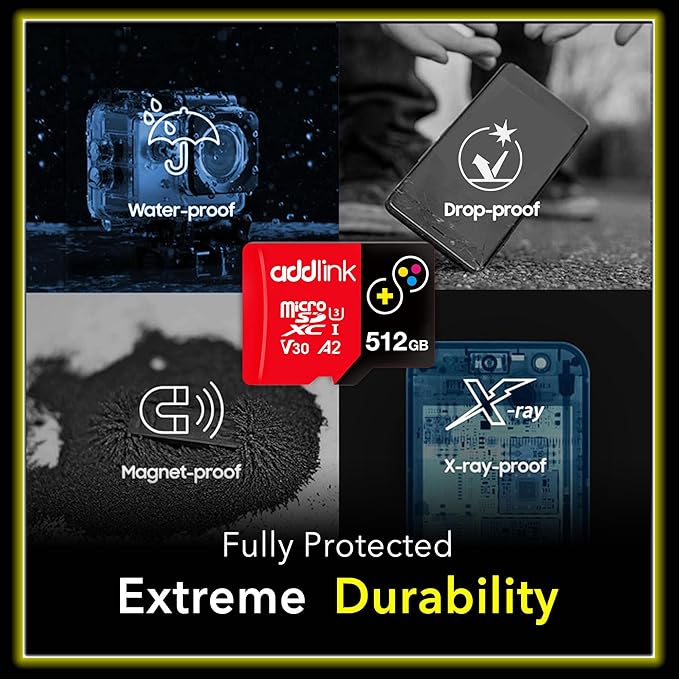 addlink 512GB Micro SD Card for Gaming Nintendo-Switch 1 4K Camera Pro A2 V30 for Smartphone, Gopro, Action Cams, 4K UHD Video Recording Up to 100MB/s, UHS-I U3 C10 Class 10 with Adapter