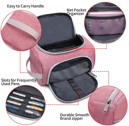 XQXA Extra Large Capacity Pencil Case Organizer, Multifunctional Pencil Pouch with Compartmens, Travel Simple Stationery Bag, Nylon Pencil Bag for Adults (Pink)
