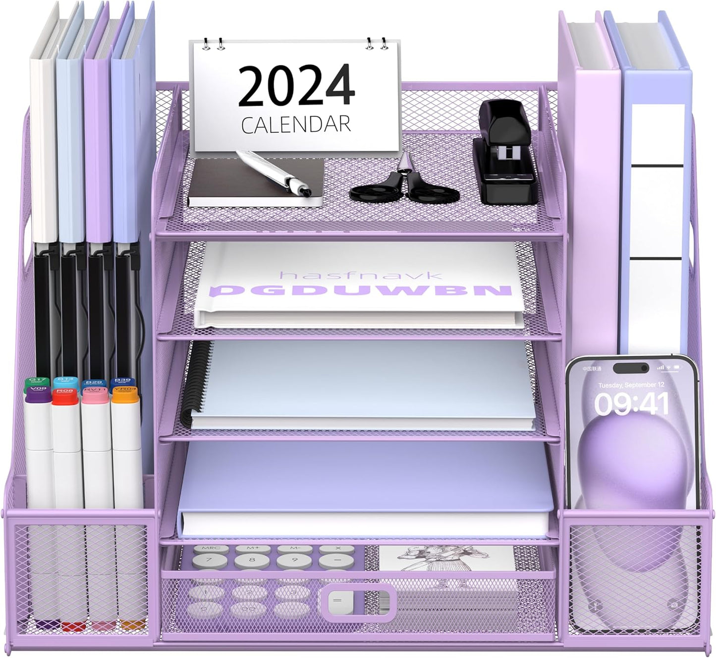 SUPEASY Mesh Desk Organizer with File Holder, 5-Tier Paper Letter Tray Organizer with Magazine Holder, Desktop Organizer and Storage with Drawer for Office Supplies Home or School, Purple