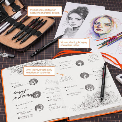 Nicpro 30PCS Black Metal Mechanical Pencil Set in Leather Case, Art Drafting Pencil 0.5, 0.7, 0.9 mm, 2mm Lead Pencil Holders for Sketching Drawing With 16 Tube (6B 4B 2B HB 2H 4H Colors)Lead Refills