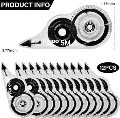 White Correction Tape, Easy To Use Applicator for Instant Corrections Wrong Writing At Any Time, For school, Office (12pack, 5M/196" x 0.2", Black)