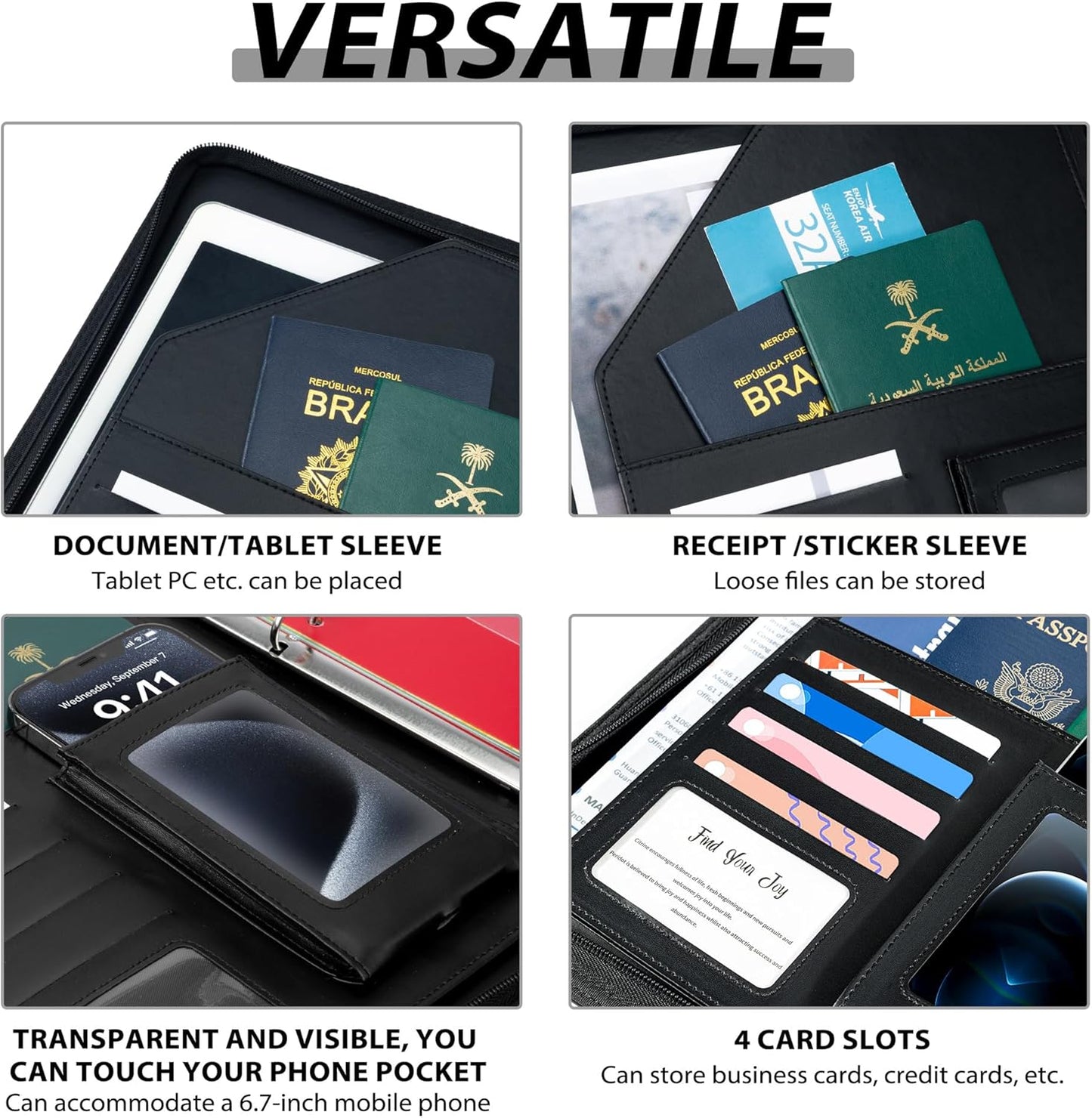 Leather Clipboard with Storage, Zippered Padfolio Portfolio Organizer, 3 Ring Binder 1 Inch, Notepad, Tablet Sleeve, 5 Dividers with Pocket, Stickets for Office Nurses Students, Teachers Night Flowers