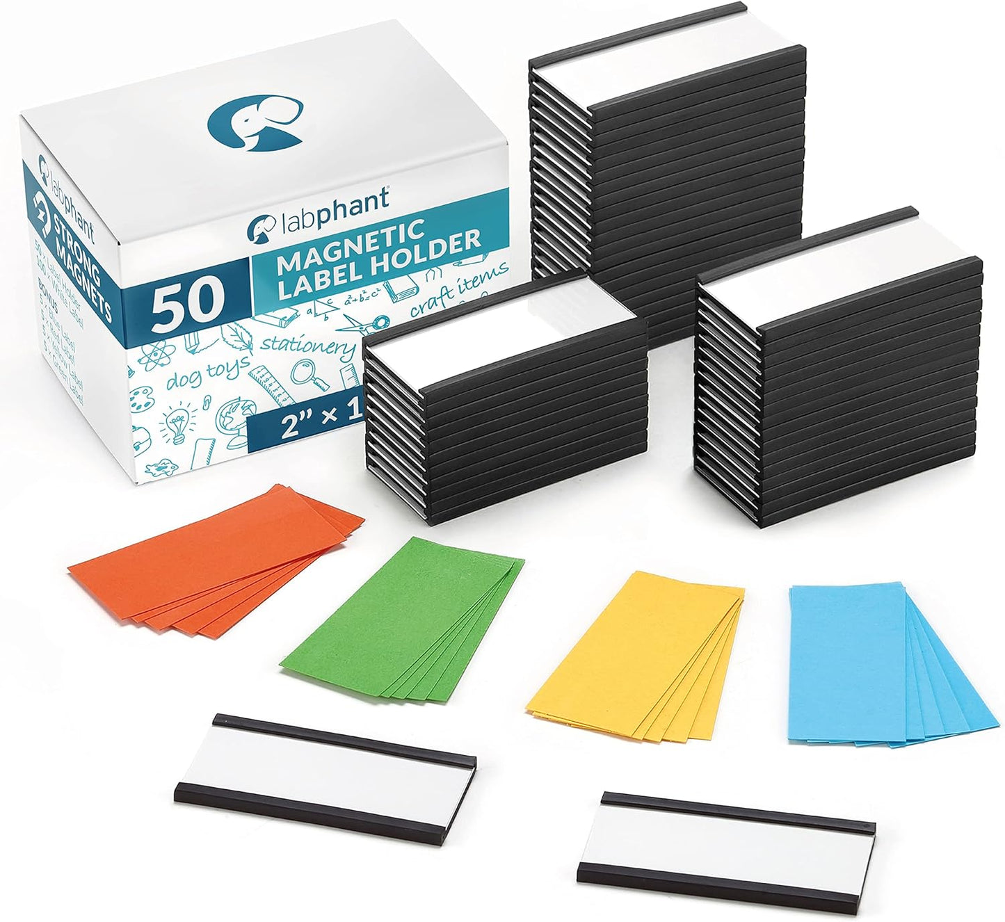 50 Pack"C" Channel Magnetic Label Holders 1x2 with 100 White Card Inserts, 50 Clear Plastic Protectors and Bonus 20 Colorful Cardstock Inserts in Blue, Green, Yellow and Red - Double-Sided Cards