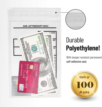 Tamper Proof Bank Deposit Bags - Self-Adhesive Seal, Write-On Surface, 6"x9" Clear Plastic Cash Envelopes | Pack of 100