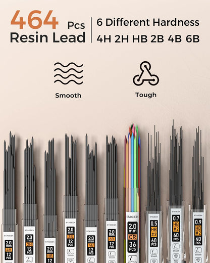 30PCS Art Mechanical Pencil Set with Leather Bag, Metal Artist Lead Pencil 0.5, 0.7, 0.9 mm, 3PCS 2mm Sketching Pencil (4H 2H HB 2B 4B 6B Color) with 464PCS Graphite Lead Refills for Drawing