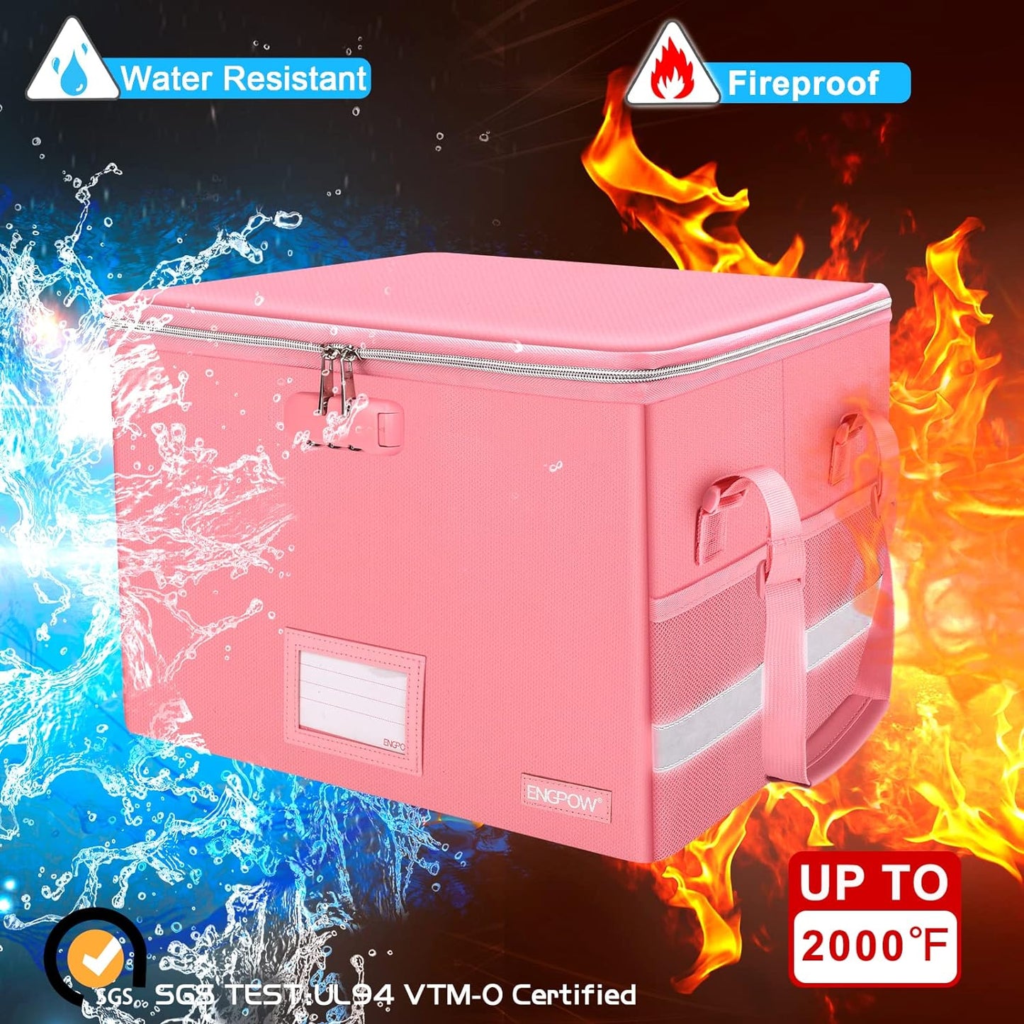 ENGPOW File Box with Lock, Fireproof Document Box with Zipper＆Pockets, Collapsible File Organizer Filing Storage Cabinet with Handle, Portable Home Office Safe for Hanging Letter/Legal Folder, Pink