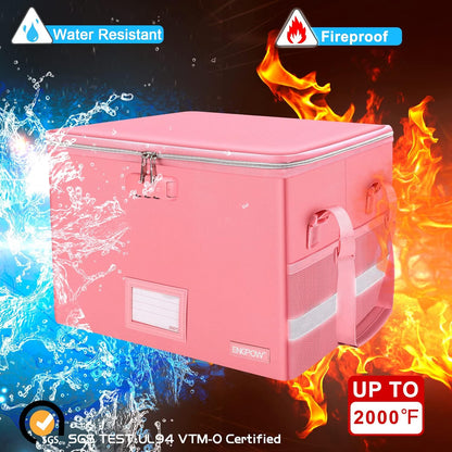 ENGPOW File Box with Lock, Fireproof Document Box with Pockets, Collapsible File Organizer Filing Storage Cabinet with Handle, Portable Home Office Safe for Hanging Letter/Legal Folders, Pink, 2 Pack