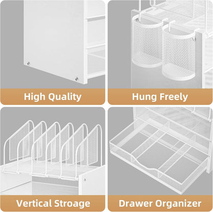 Marbrasse Desk organizer with Drawer, 4-Tier Wooden File Organizer with 5 Vertical File Holders and 2 Pen Holders, Desk Organizers and Accessories for Home Office - White