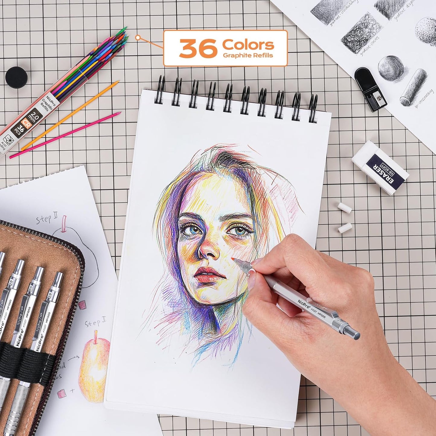 Nicpro 33PCS Metal Mechanical Pencil Set in Leather Case, Art Drafting Pencil 0.3, 0.5, 0.7, 0.9 mm, 2mm Lead Pencil Holders for Sketching Drawing With 18 Tube (6B 4B 2B HB 2H 4H Colors) Lead Refills