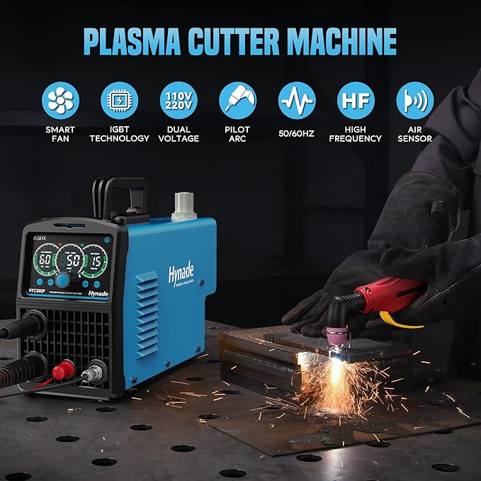 Plasma Cutter with Large LED Display, [Non-Touch Pilot Arc] [Air Sensor] hynade 50A Plasma Cutter Machine 110/220V Dual Voltage, IGBT Inverter, 1/2'' Clean Cut, 2T/4T for Beginners DIY(User Manual)