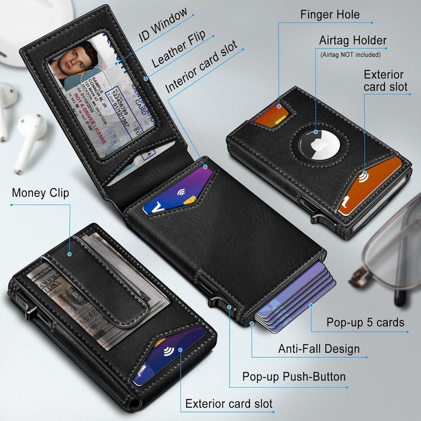 Airtag Wallet for Men,with Money Clip Gift Boxed,Slim Front Pocket Wallet RFID Blocking Metal Case Smart Pop-up Credit Card Holder in Magnetic Leather Flip