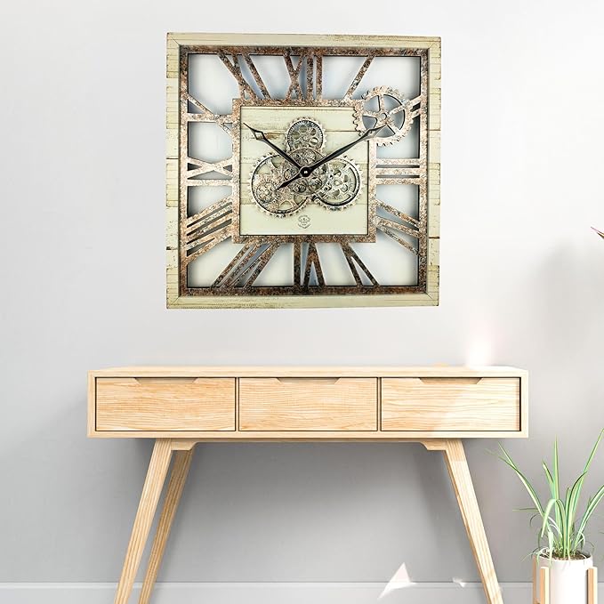 ImprovingLife The Gears Clock 24'' Inch Square Real Moving Gear Wall Clock Vintage Industrial Oversized Rustic Farmhouse (Desert Beige)
