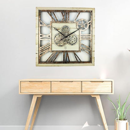 ImprovingLife The Gears Clock 24'' Inch Square Real Moving Gear Wall Clock Vintage Industrial Oversized Rustic Farmhouse (Desert Beige)
