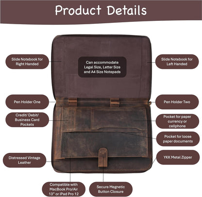 Leather Padfolio, Laptop Zipper Folio, Business Portfolio, Travel Art Kit, A4 Binder Notepad Folder, Interview File, Meeting Organizer