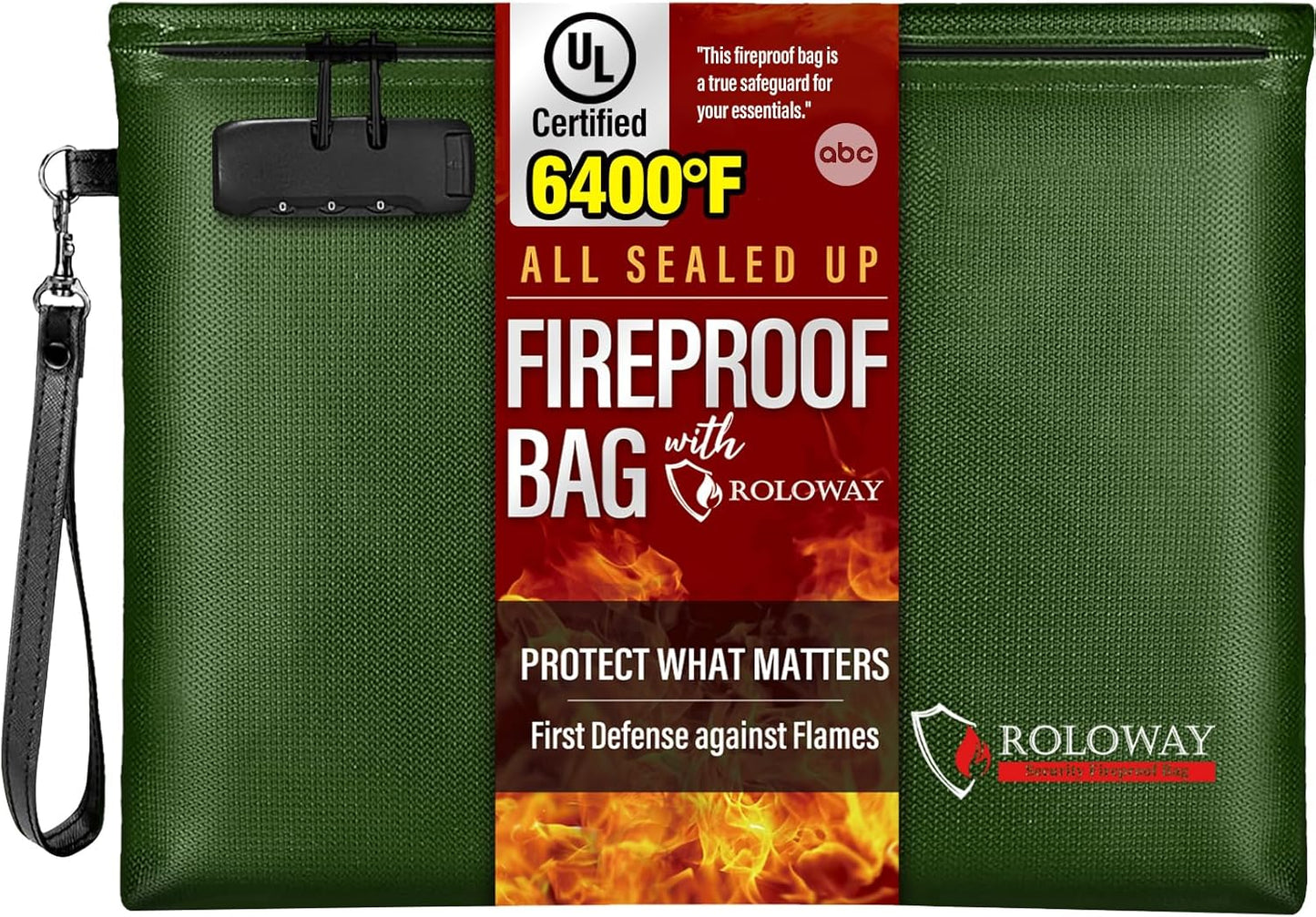 ROLOWAY Fireproof Document Bag (14.5 x 11.5 inch), 6400℉ Fireproof Money Bag with Zipper for Cash, Fire Safe Money Pouch with Lock (Green)