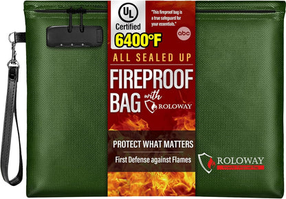 ROLOWAY Fireproof Document Bag (14.5 x 11.5 inch), 6400℉ Fireproof Money Bag with Zipper for Cash, Fire Safe Money Pouch with Lock (Green)