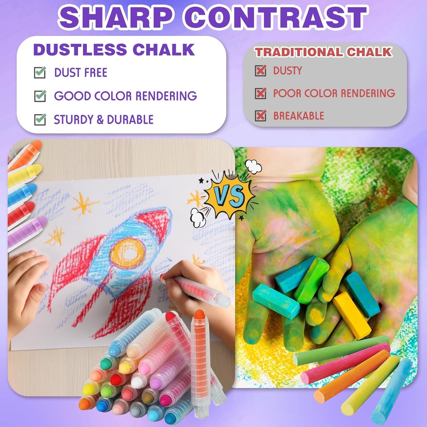 Sidewalk Chalk for Kids - 24 PCS Colored Non-Toxic Twistable Dustless Chalk with Holder, Dust-free Washable Toddler Chalk for Chalkboard Drawing Writing (Plastic Box-Packed)