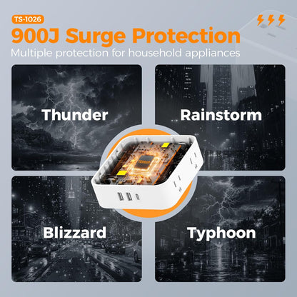 Flat Extension Cord, TESSAN Surge Protector Power Strip 5 FT with 8 Outlets 3 USB (1 USB C) Ports, 3-Sided Outlet Extender with 900J Surge Protection for Office Supplies, Dorm Room Essentials, White