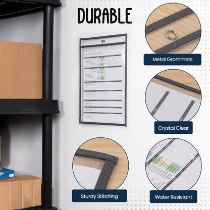 Essex Wares - 5 Pack, Gray, Job Ticket Holders, 10" Wide x 13.5" Tall - Clear Plastic Shop Ticket Holders - Easy to Use, Reusable & Easy Erase Plastic Invoice Holders, Water-Resistant & Durable