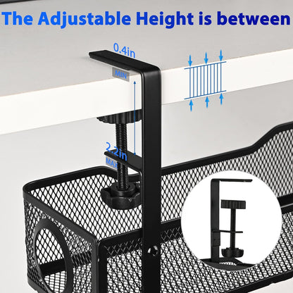 No Drill Under Desk Cable Management Tray – Clamp-On Metal Cable Organizer for Power Cords – Easy Install Wire Holder for Home Office Desk (Black)