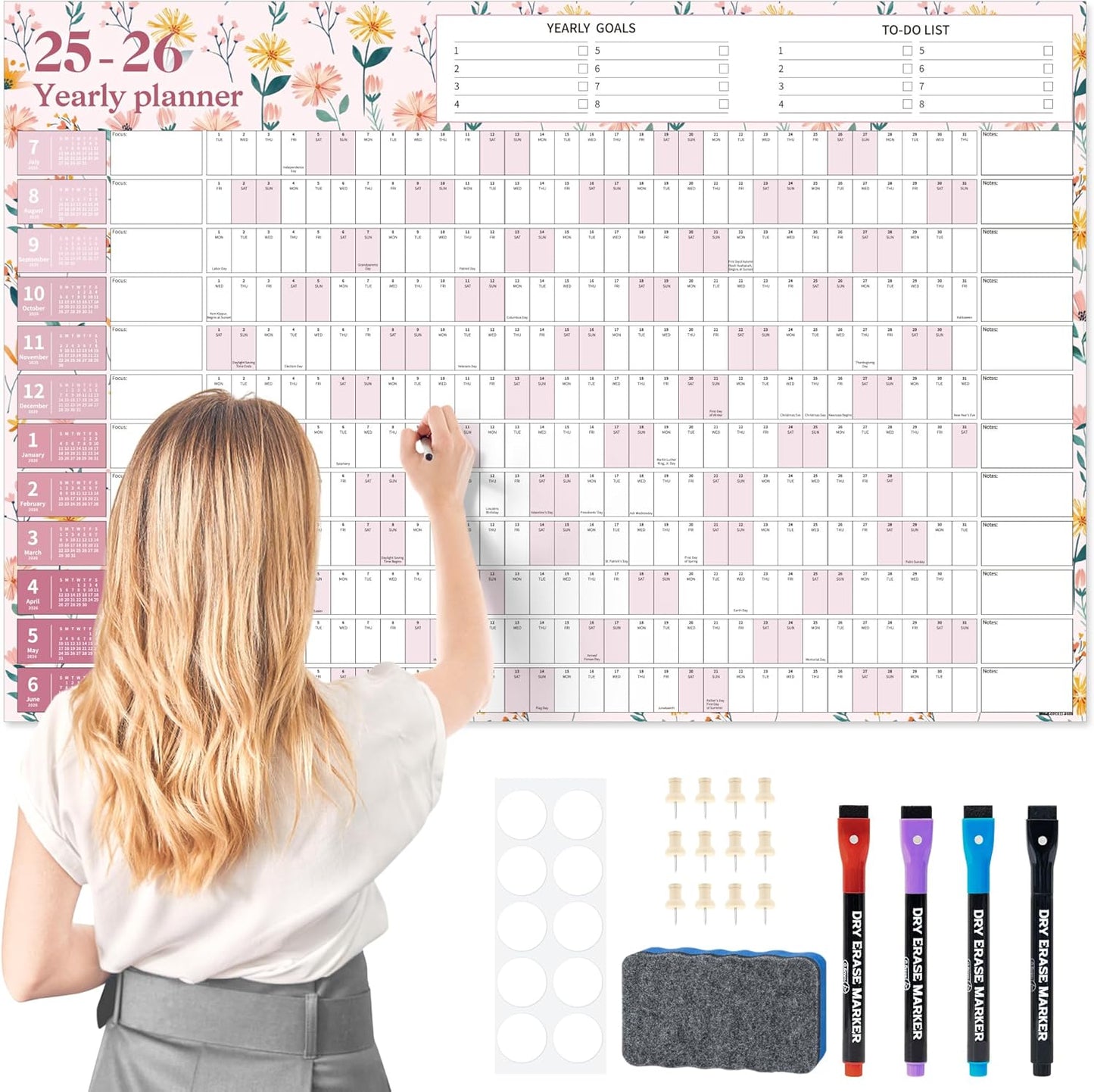 Ospelelf Calendar 2025-2026 Large Dry Erase Wall Calendar 32'' x 48'', 12 Month Laminated Calendar for Classroom, Family, Use July 2025 - June 2026 (Floral)