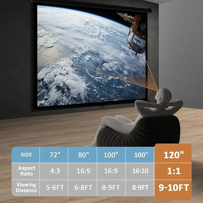 SUPER DEAL 120'' Projector Screen Projection Screen Manual Pull Down HD Screen 1:1 Format for Home Cinema Theater Presentation Education Outdoor Indoor Public Display, Black