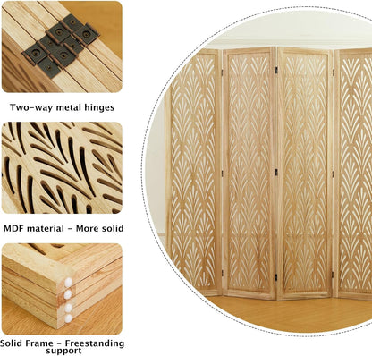 5.6Ft Room Divider Folding Wood Simple Carved Partition Screen for Home Office Garden - 4 Panels (Natural)