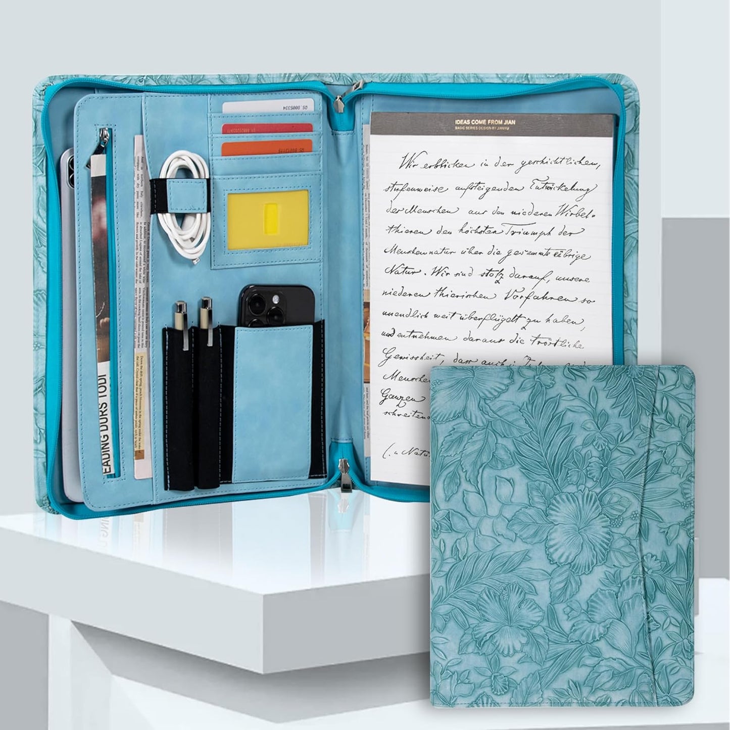 Padfolio with Zipper, Portfolio Binder, Leather Portfolio with Zipper for Men Women, Portfolio Organizer, Padfolio Business Resume A4/Pad, Blue Floral Pattern