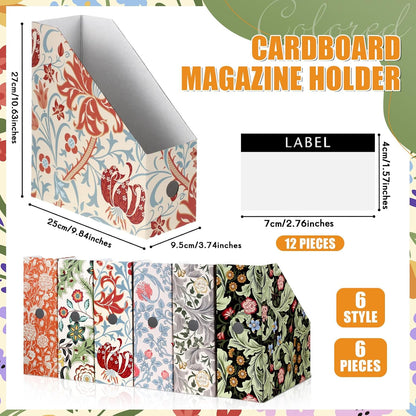 PerKoop 6 Pcs Magazine File Holder Foldable Decorative Cardboard File Folders 6 Patterns Floral Colored Magazine Rack with Printable Sticker Labels for School Office Home Desk (Floral)