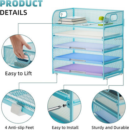 Marbrasse Paper Organizer Letter Tray, 5 Tier Mesh File Organizer with Handle, Paper Sorter Desk Organizer for Home Office Supplies - Blue