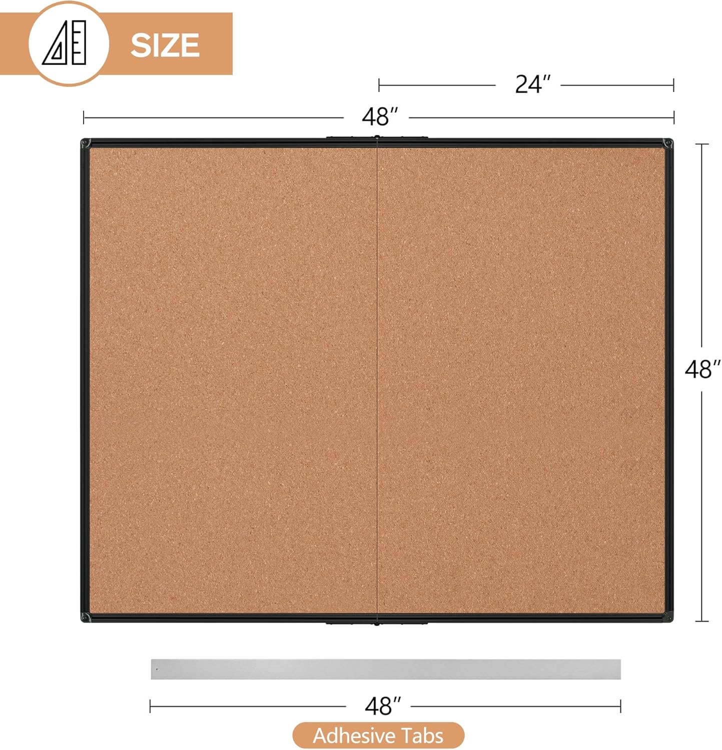 Board2by Extra Large Cork Bulletin Board 48" X 48", Foldable Notice Pin Board for Wall, Black Aluminum Framed 4'x4' Corkboard, Wall Mounted Noticeboard with 36 Push Pins for School, Home & Office