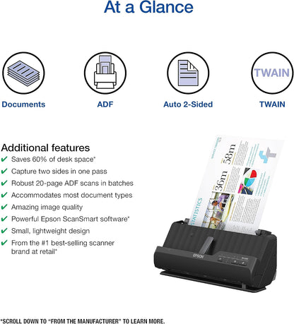 Epson Workforce ES-C220 Compact Desktop Document Scanner with 2-Sided Scanning and Auto Document Feeder (ADF) for PC and Mac