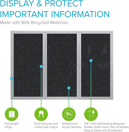 Ghent 48" x 96" 3-Door indoor Enclosed Recycled Rubber Bulletin Board, Shatter Resistant, with Lock, Satin Aluminum Frame,Confetti (PA34896TR-CF)-Made in USA