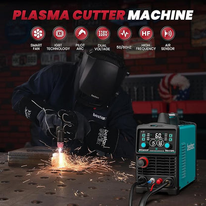 bestarc Plasma Cutter, [Pilot Arc][Large LED Display][Air Sensor] 60A bestarc Plasma Cutter Machine 110/220V Dual Voltage, 1/2 Inch Clean Cut 4/5 Inch Max Cut, Post Flow Mesh, 2T/4T for Beginners DIY