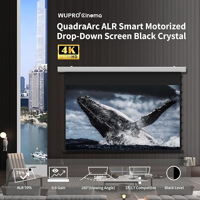 QuadraArc Motorized ALR Projector Screen, Black Crystal 4K Electric Drop Down Screen, Wall & Ceiling Mount, Compatible with 1800 ANSI Lumens ST/LT Projectors 92"