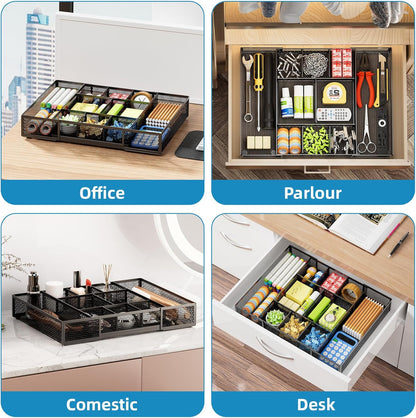 Marbrasse Expandable Desk Drawer Organizer, Mesh Drawer Organizer Tray with 10 Adjustable Compartments, Desk Organizers and Accessories for Office Supplies, Makeup & Vanity (Expandable Black-2 pack)