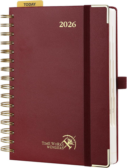 POPRUN 2026 Daily Planner One Page A Day - [8.5" x 5.75" Wire-Bound Hard Cover] Agenda 2026 Hourly Appointment Book with Monthly Calendar, Inner Pocket, Ivory Paper - Burgundy