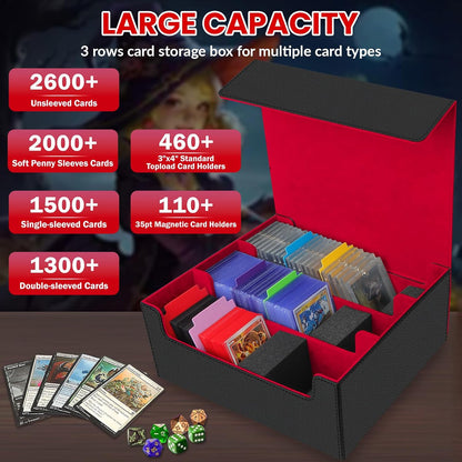 Card Storage Box for Trading Cards, 2600+ Commander Deck Box, Storage Box Fits Toploader and One-Touch, Card Organizer for TCG, MTG, Sports Cards, with Card Dividers & Stoppers